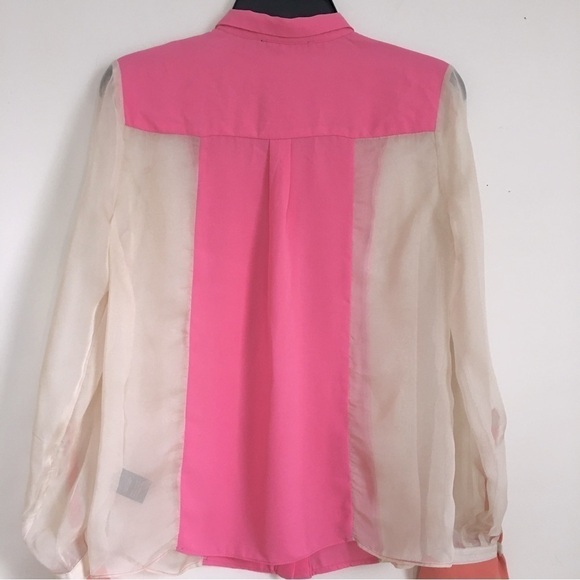 Ark & Co. Sheer button down Long Sleeve Pink Cream color block Blouse shirt - Picture 4 of 16